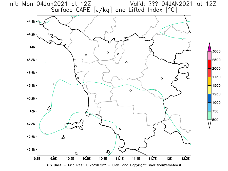 Mappa di analisi GFS - CAPE [J/kg] e Lifted Index [°C] in Toscana
									del 04/01/2021 12 <!--googleoff: index-->UTC<!--googleon: index-->