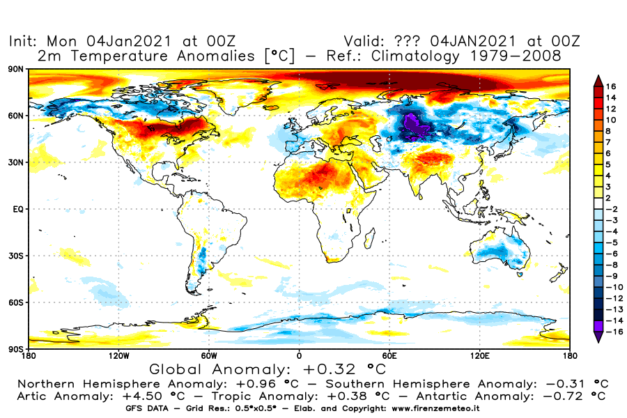 Mappa di analisi GFS - Anomalia Temperatura [°C] a 2 m in World
							del 04/01/2021 00 <!--googleoff: index-->UTC<!--googleon: index-->