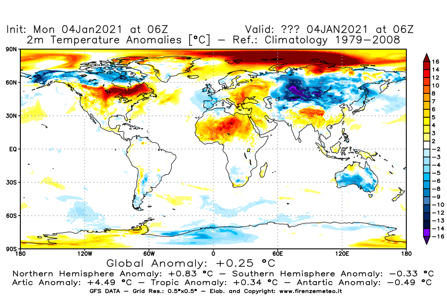 Mappa di analisi GFS - Anomalia Temperatura [°C] a 2 m in World
									del 04/01/2021 06 <!--googleoff: index-->UTC<!--googleon: index-->