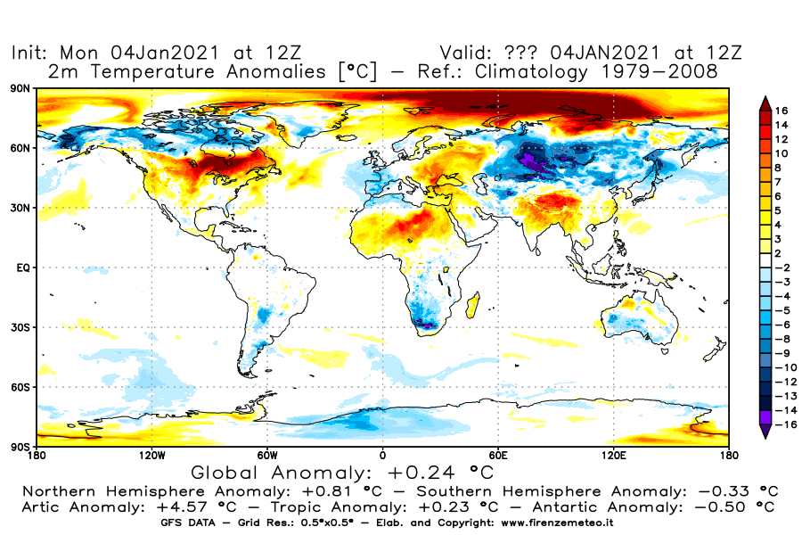 Mappa di analisi GFS - Anomalia Temperatura [°C] a 2 m in World
							del 04/01/2021 12 <!--googleoff: index-->UTC<!--googleon: index-->