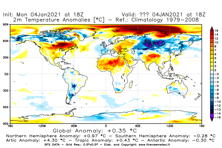 Mappa di analisi GFS - Anomalia Temperatura [°C] a 2 m in World
									del 04/01/2021 18 <!--googleoff: index-->UTC<!--googleon: index-->