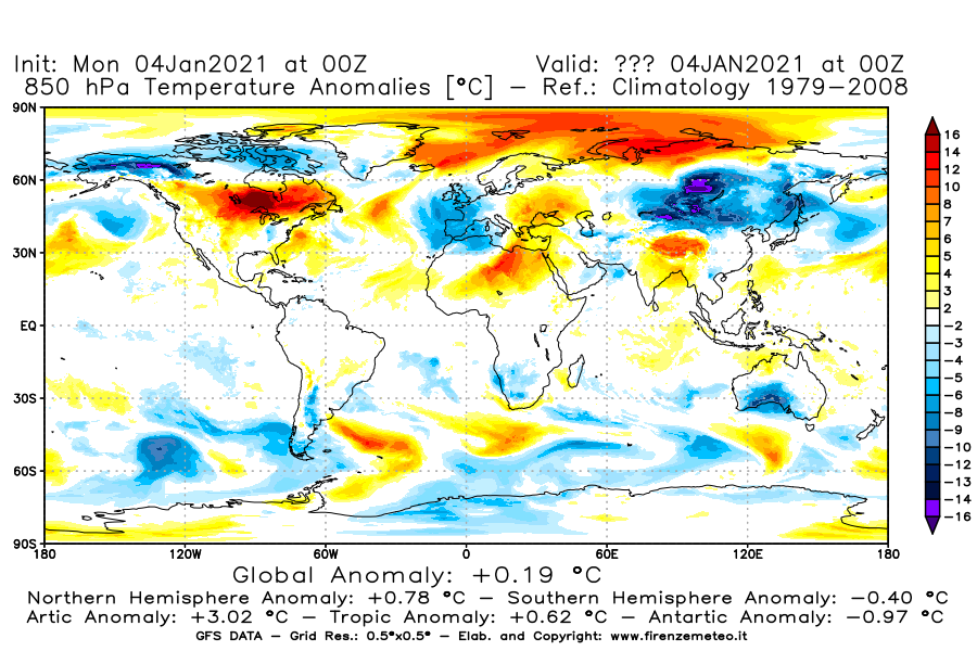 Mappa di analisi GFS - Anomalia Temperatura [°C] a 850 hPa in World
									del 04/01/2021 00 <!--googleoff: index-->UTC<!--googleon: index-->