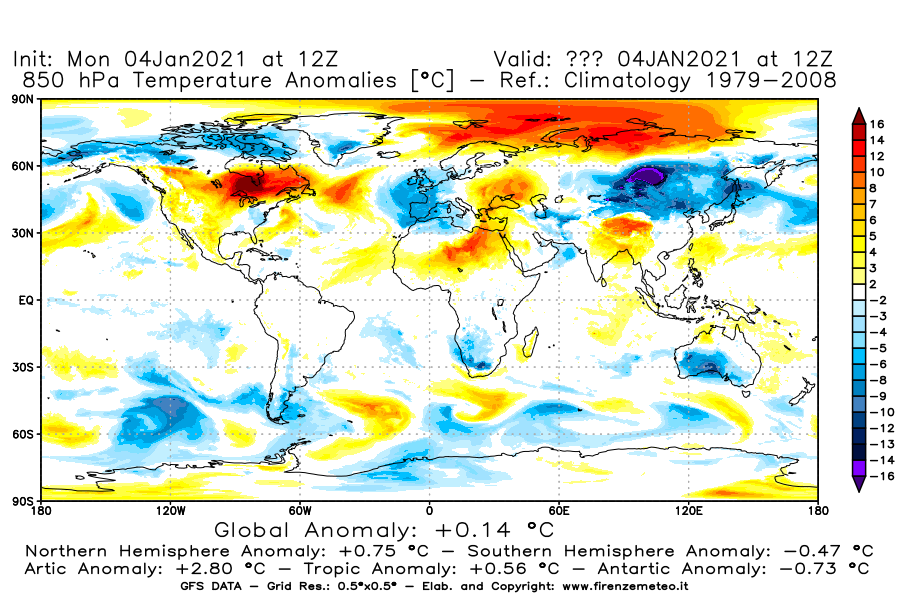 Mappa di analisi GFS - Anomalia Temperatura [°C] a 850 hPa in World
							del 04/01/2021 12 <!--googleoff: index-->UTC<!--googleon: index-->