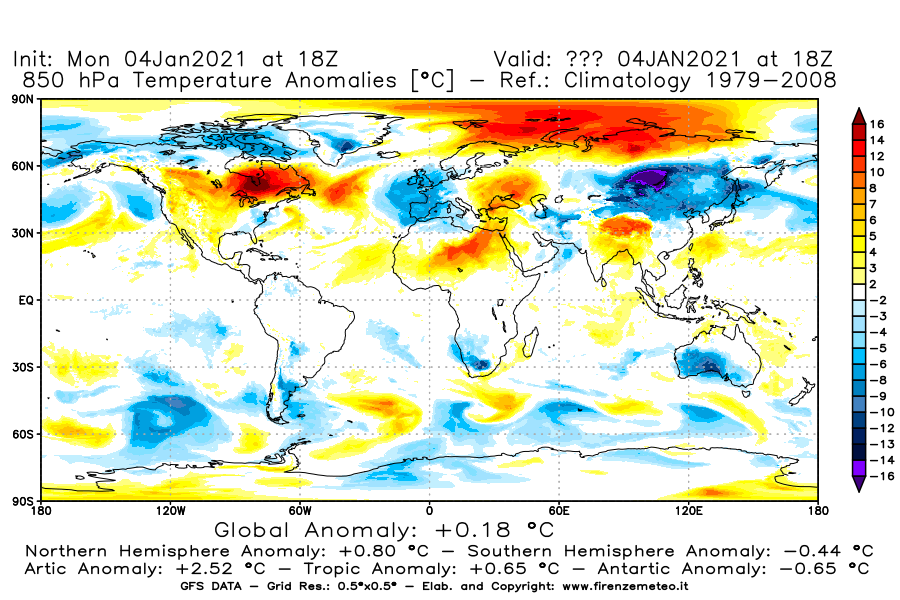 Mappa di analisi GFS - Anomalia Temperatura [°C] a 850 hPa in World
							del 04/01/2021 18 <!--googleoff: index-->UTC<!--googleon: index-->
