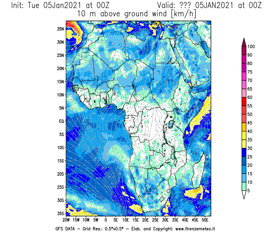 Mappa di analisi GFS - Velocità del vento a 10 metri dal suolo [km/h] in Africa
									del 05/01/2021 00 <!--googleoff: index-->UTC<!--googleon: index-->