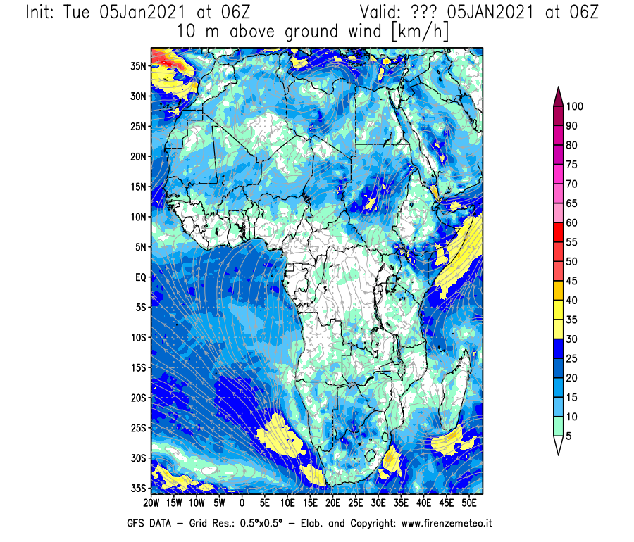 Mappa di analisi GFS - Velocità del vento a 10 metri dal suolo [km/h] in Africa
									del 05/01/2021 06 <!--googleoff: index-->UTC<!--googleon: index-->