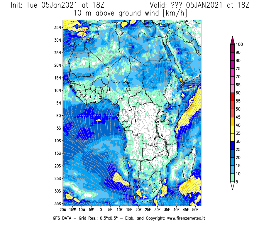 Mappa di analisi GFS - Velocità del vento a 10 metri dal suolo [km/h] in Africa
									del 05/01/2021 18 <!--googleoff: index-->UTC<!--googleon: index-->