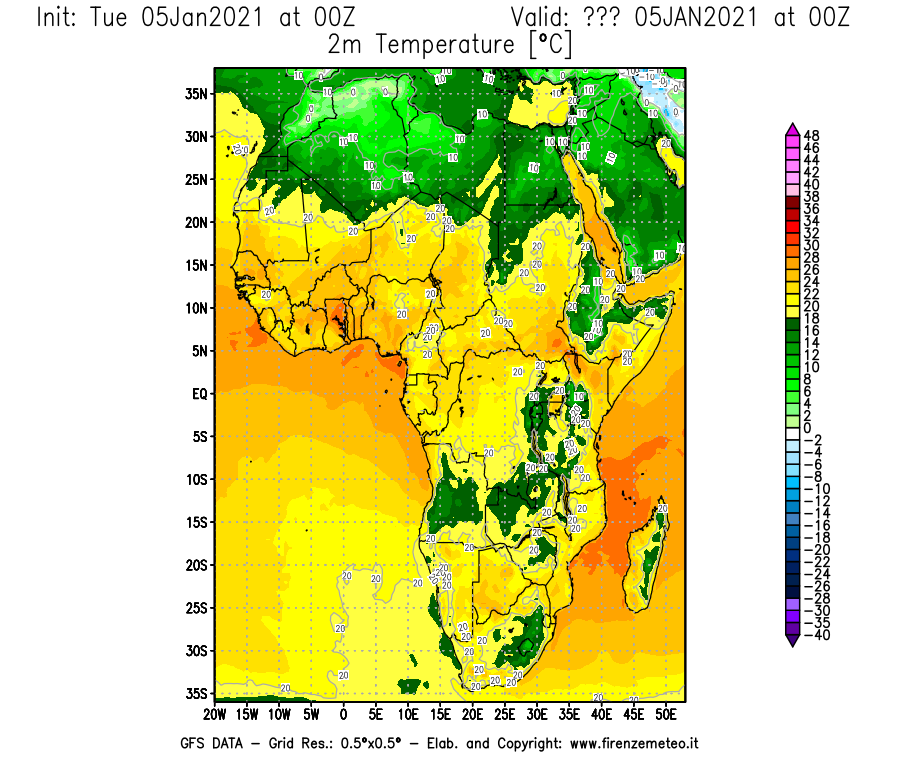Mappa di analisi GFS - Temperatura a 2 metri dal suolo [°C] in Africa
									del 05/01/2021 00 <!--googleoff: index-->UTC<!--googleon: index-->