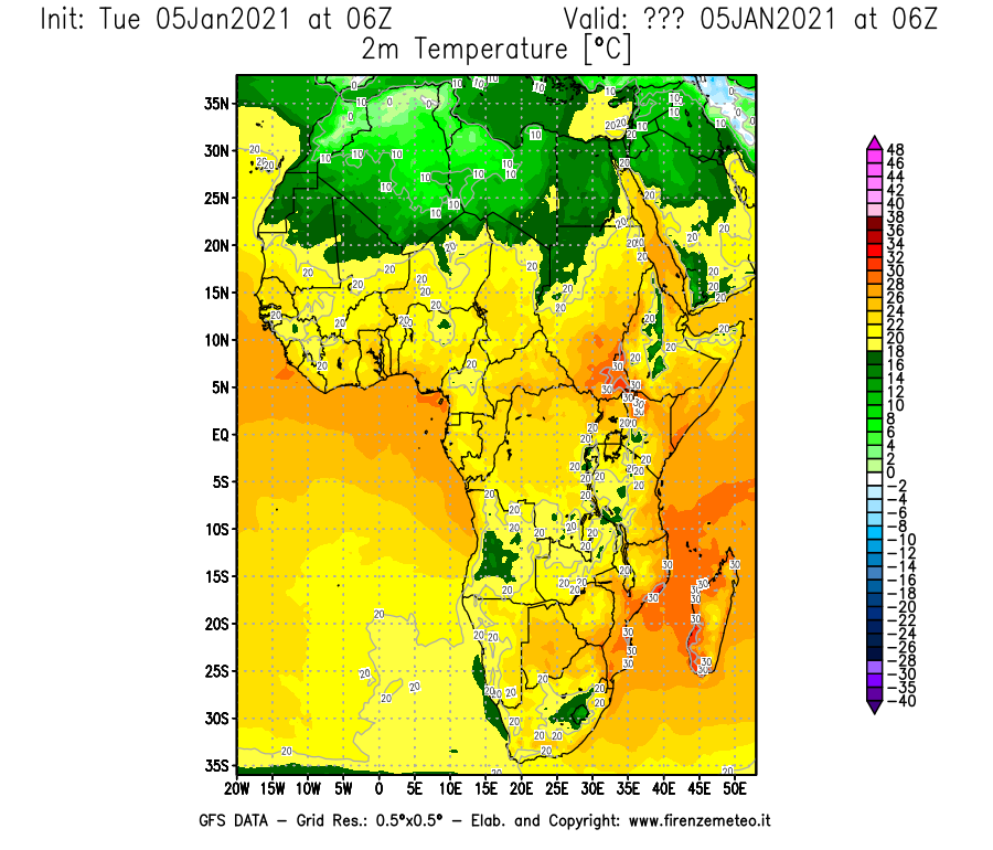 Mappa di analisi GFS - Temperatura a 2 metri dal suolo [°C] in Africa
									del 05/01/2021 06 <!--googleoff: index-->UTC<!--googleon: index-->