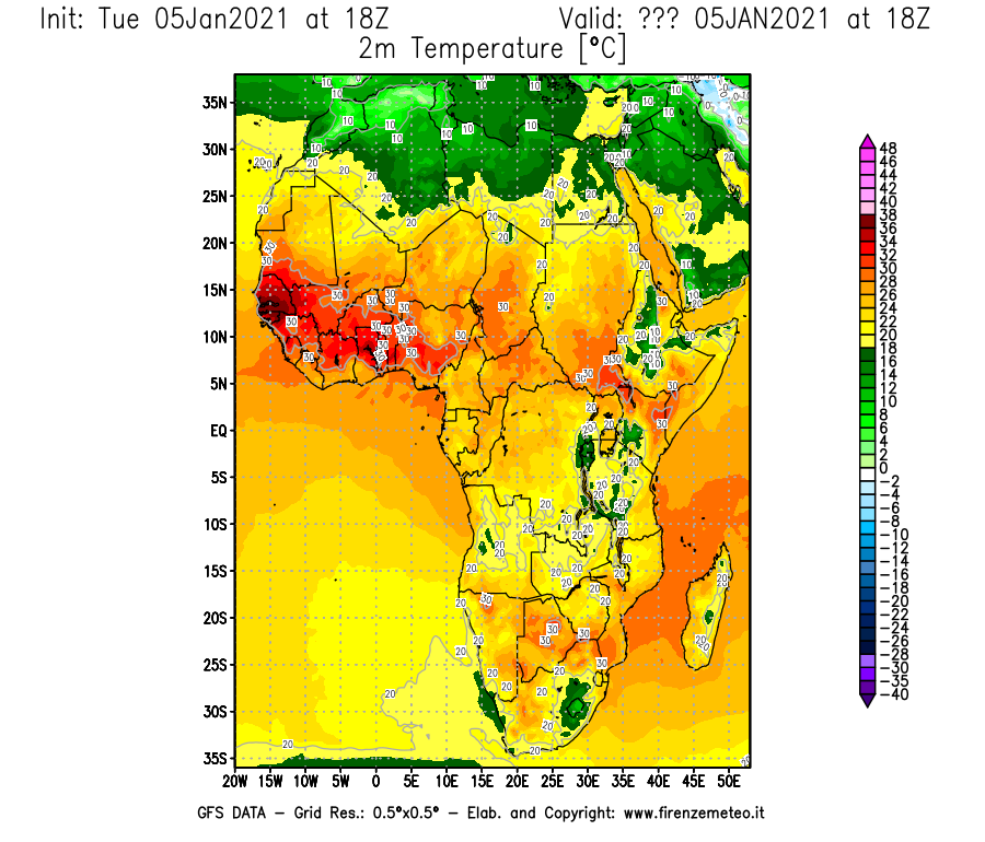 Mappa di analisi GFS - Temperatura a 2 metri dal suolo [°C] in Africa
									del 05/01/2021 18 <!--googleoff: index-->UTC<!--googleon: index-->