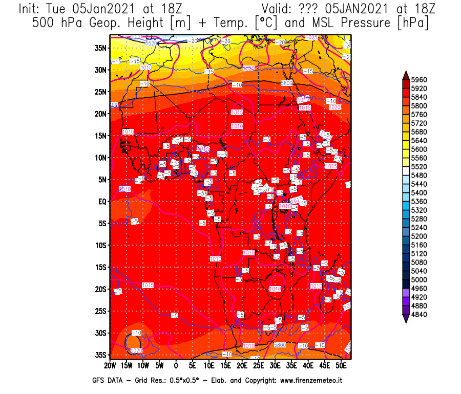 Mappa di analisi GFS - Geopotenziale [m] + Temp. [°C] a 500 hPa + Press. a livello del mare [hPa] in Africa
									del 05/01/2021 18 <!--googleoff: index-->UTC<!--googleon: index-->