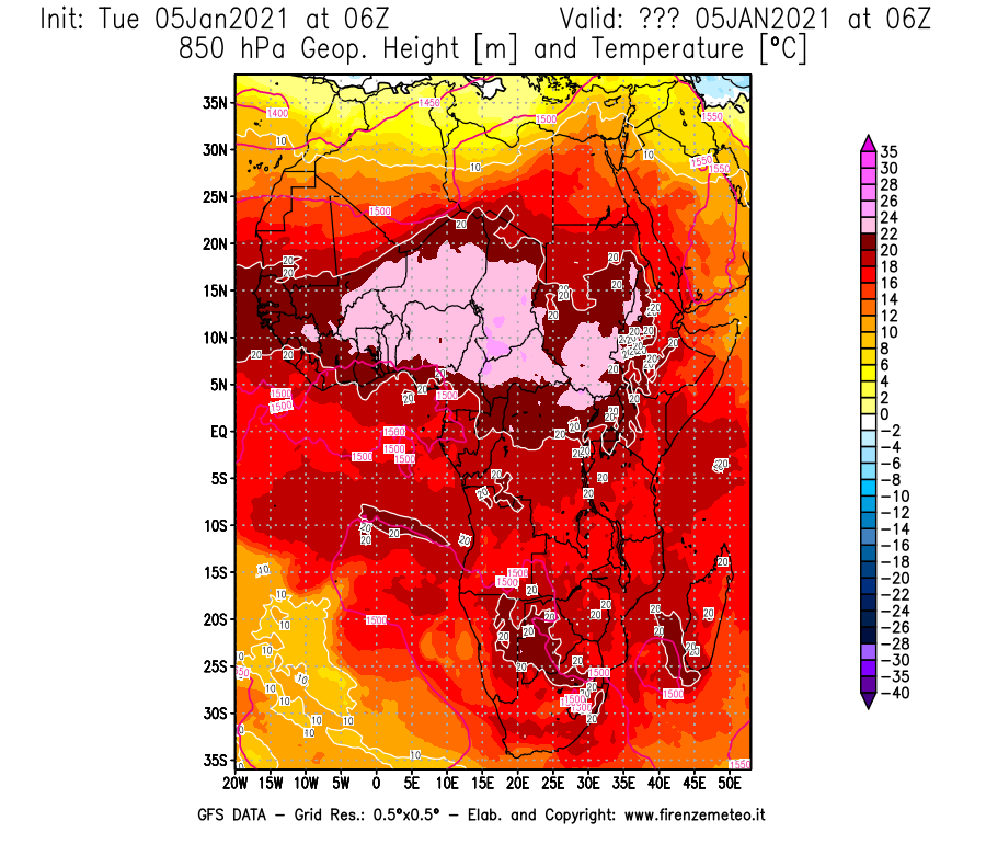 Mappa di analisi GFS - Geopotenziale [m] e Temperatura [°C] a 850 hPa in Africa
									del 05/01/2021 06 <!--googleoff: index-->UTC<!--googleon: index-->
