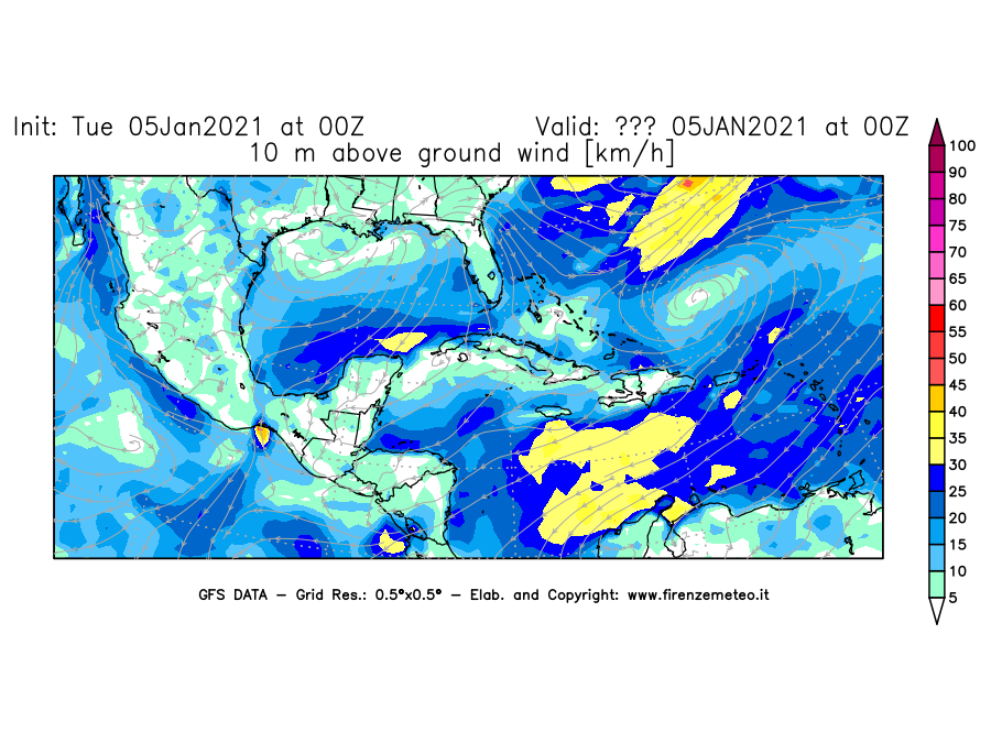 Mappa di analisi GFS - Velocità del vento a 10 metri dal suolo [km/h] in Centro-America
									del 05/01/2021 00 <!--googleoff: index-->UTC<!--googleon: index-->