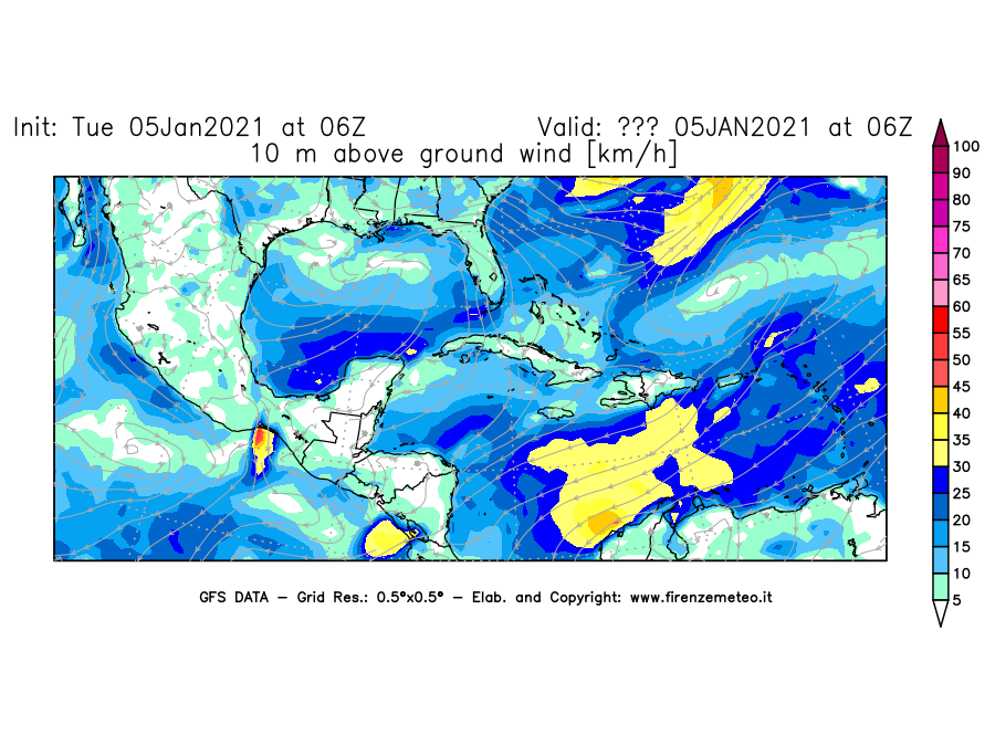 Mappa di analisi GFS - Velocità del vento a 10 metri dal suolo [km/h] in Centro-America
									del 05/01/2021 06 <!--googleoff: index-->UTC<!--googleon: index-->