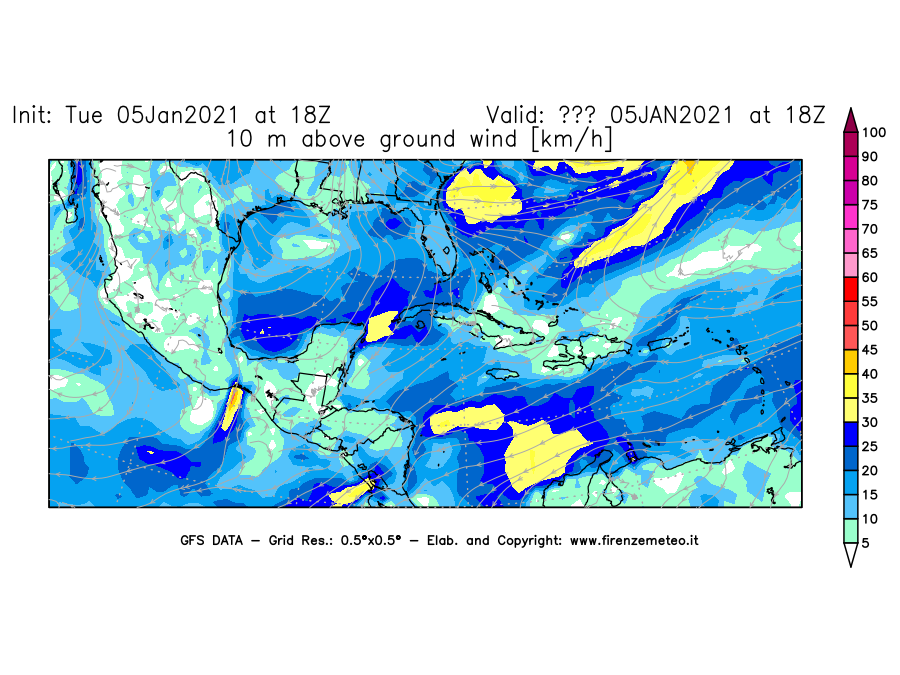 Mappa di analisi GFS - Velocità del vento a 10 metri dal suolo [km/h] in Centro-America
									del 05/01/2021 18 <!--googleoff: index-->UTC<!--googleon: index-->
