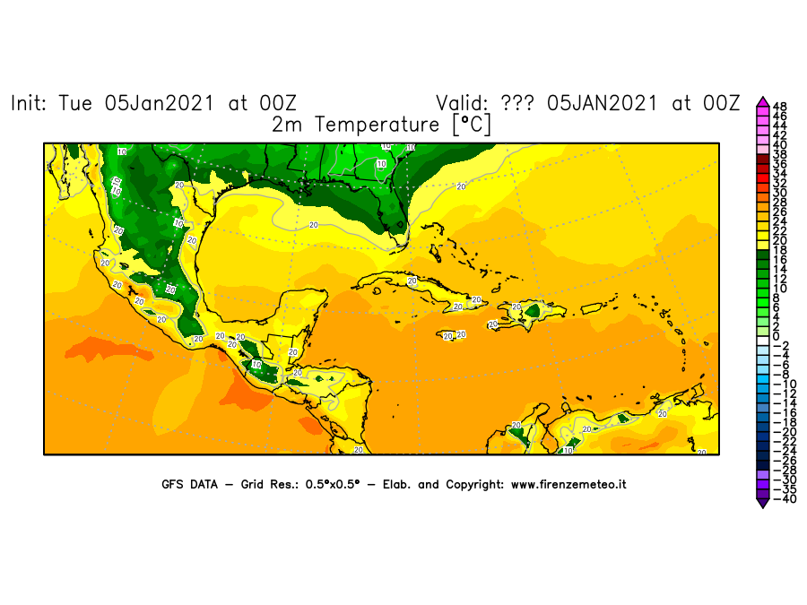 Mappa di analisi GFS - Temperatura a 2 metri dal suolo [°C] in Centro-America
									del 05/01/2021 00 <!--googleoff: index-->UTC<!--googleon: index-->