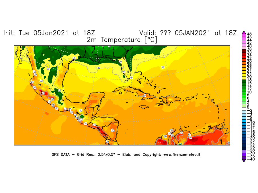 Mappa di analisi GFS - Temperatura a 2 metri dal suolo [°C] in Centro-America
									del 05/01/2021 18 <!--googleoff: index-->UTC<!--googleon: index-->