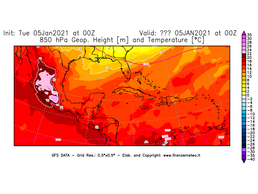 Mappa di analisi GFS - Geopotenziale [m] e Temperatura [°C] a 850 hPa in Centro-America
									del 05/01/2021 00 <!--googleoff: index-->UTC<!--googleon: index-->