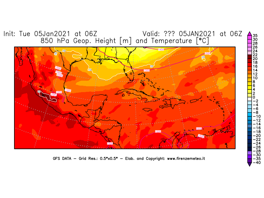 Mappa di analisi GFS - Geopotenziale [m] e Temperatura [°C] a 850 hPa in Centro-America
									del 05/01/2021 06 <!--googleoff: index-->UTC<!--googleon: index-->