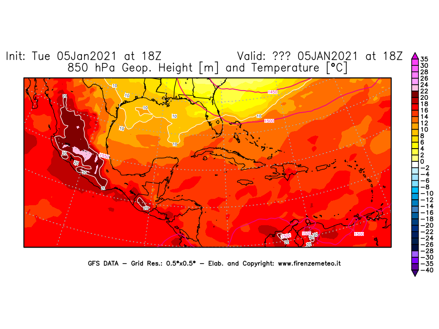 Mappa di analisi GFS - Geopotenziale [m] e Temperatura [°C] a 850 hPa in Centro-America
									del 05/01/2021 18 <!--googleoff: index-->UTC<!--googleon: index-->