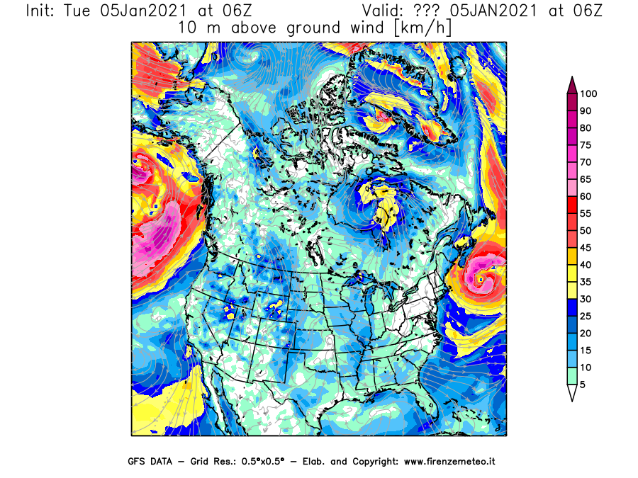 Mappa di analisi GFS - Velocità del vento a 10 metri dal suolo [km/h] in Nord-America
									del 05/01/2021 06 <!--googleoff: index-->UTC<!--googleon: index-->