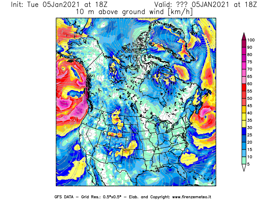 Mappa di analisi GFS - Velocità del vento a 10 metri dal suolo [km/h] in Nord-America
									del 05/01/2021 18 <!--googleoff: index-->UTC<!--googleon: index-->