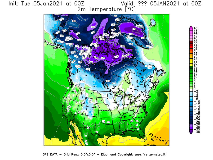 Mappa di analisi GFS - Temperatura a 2 metri dal suolo [°C] in Nord-America
									del 05/01/2021 00 <!--googleoff: index-->UTC<!--googleon: index-->