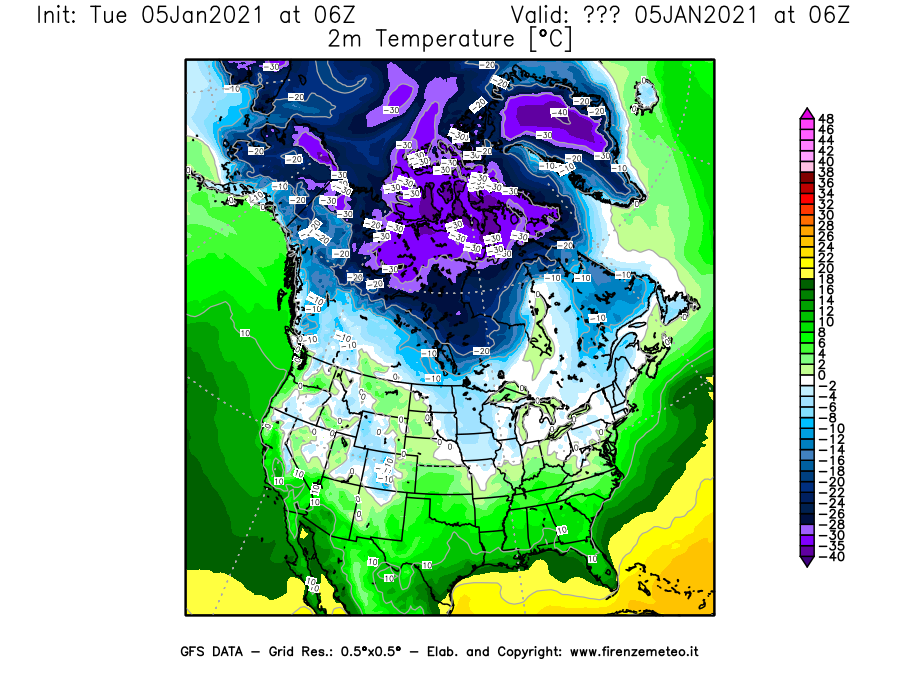 Mappa di analisi GFS - Temperatura a 2 metri dal suolo [°C] in Nord-America
									del 05/01/2021 06 <!--googleoff: index-->UTC<!--googleon: index-->