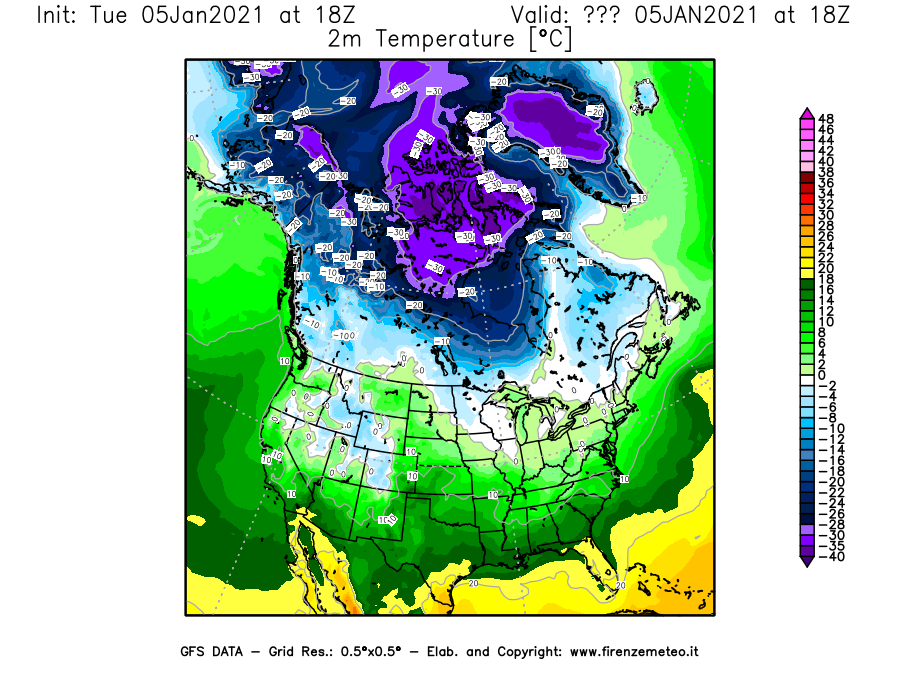 Mappa di analisi GFS - Temperatura a 2 metri dal suolo [°C] in Nord-America
									del 05/01/2021 18 <!--googleoff: index-->UTC<!--googleon: index-->