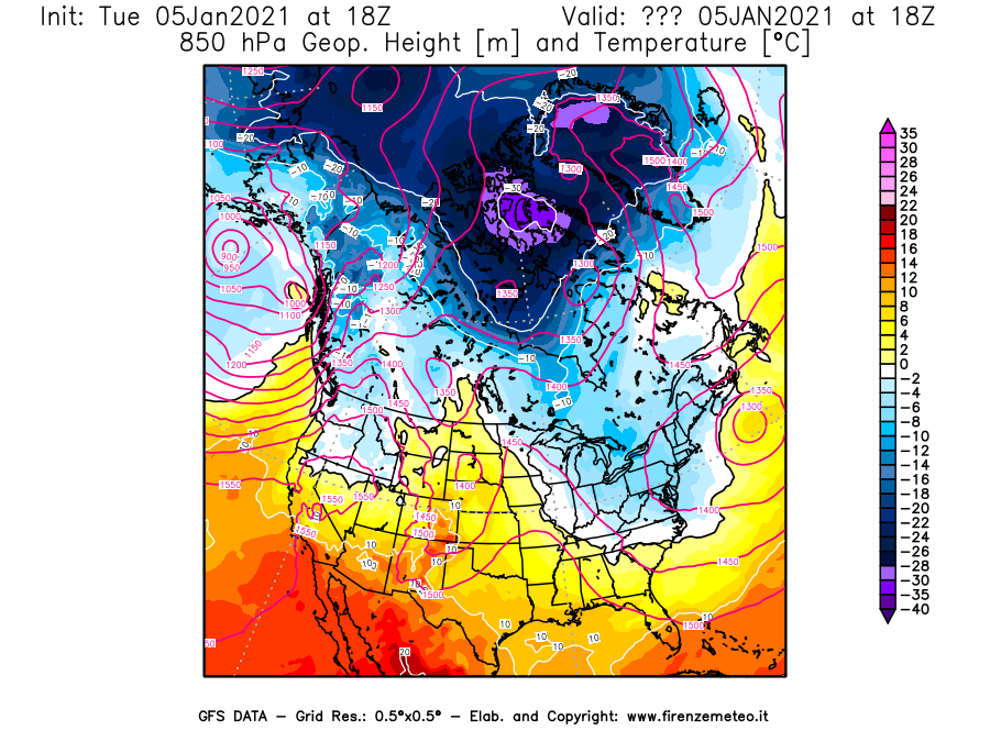 Mappa di analisi GFS - Geopotenziale [m] e Temperatura [°C] a 850 hPa in Nord-America
									del 05/01/2021 18 <!--googleoff: index-->UTC<!--googleon: index-->