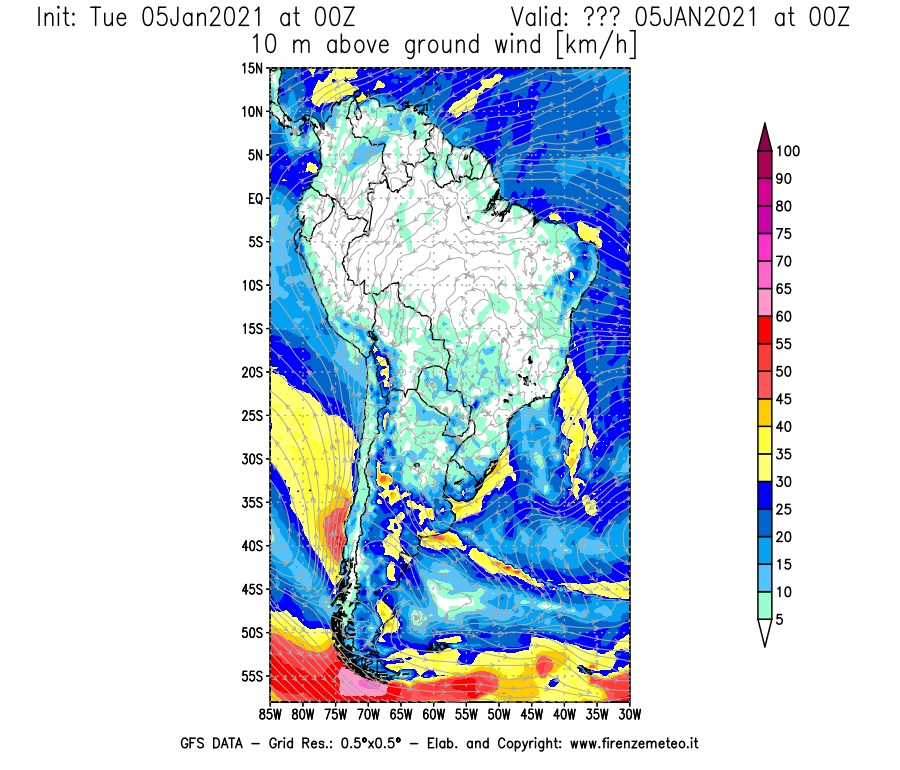 Mappa di analisi GFS - Velocità del vento a 10 metri dal suolo [km/h] in Sud-America
									del 05/01/2021 00 <!--googleoff: index-->UTC<!--googleon: index-->
