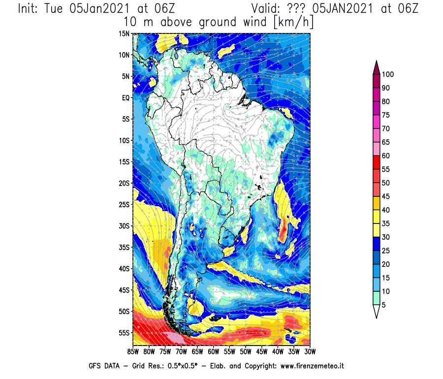 Mappa di analisi GFS - Velocità del vento a 10 metri dal suolo [km/h] in Sud-America
									del 05/01/2021 06 <!--googleoff: index-->UTC<!--googleon: index-->
