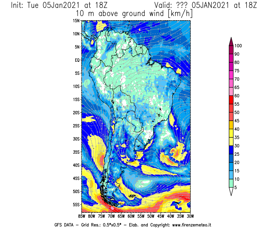 Mappa di analisi GFS - Velocità del vento a 10 metri dal suolo [km/h] in Sud-America
									del 05/01/2021 18 <!--googleoff: index-->UTC<!--googleon: index-->