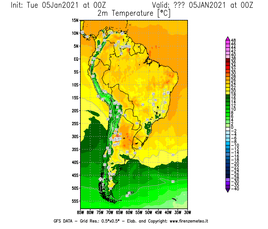 Mappa di analisi GFS - Temperatura a 2 metri dal suolo [°C] in Sud-America
									del 05/01/2021 00 <!--googleoff: index-->UTC<!--googleon: index-->