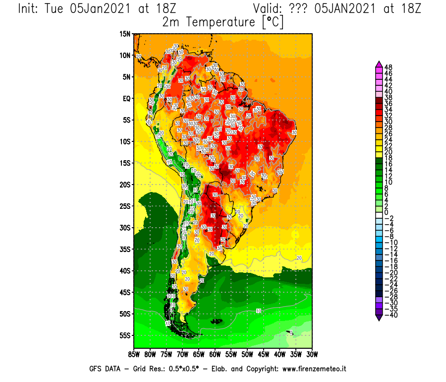 Mappa di analisi GFS - Temperatura a 2 metri dal suolo [°C] in Sud-America
									del 05/01/2021 18 <!--googleoff: index-->UTC<!--googleon: index-->