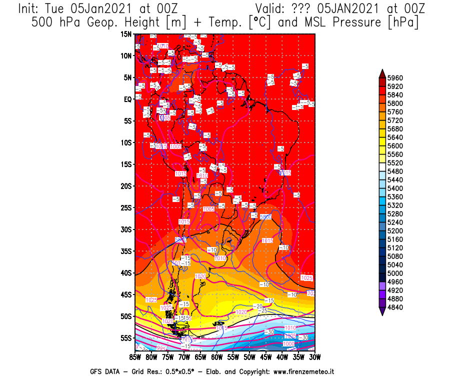 Mappa di analisi GFS - Geopotenziale [m] + Temp. [°C] a 500 hPa + Press. a livello del mare [hPa] in Sud-America
									del 05/01/2021 00 <!--googleoff: index-->UTC<!--googleon: index-->