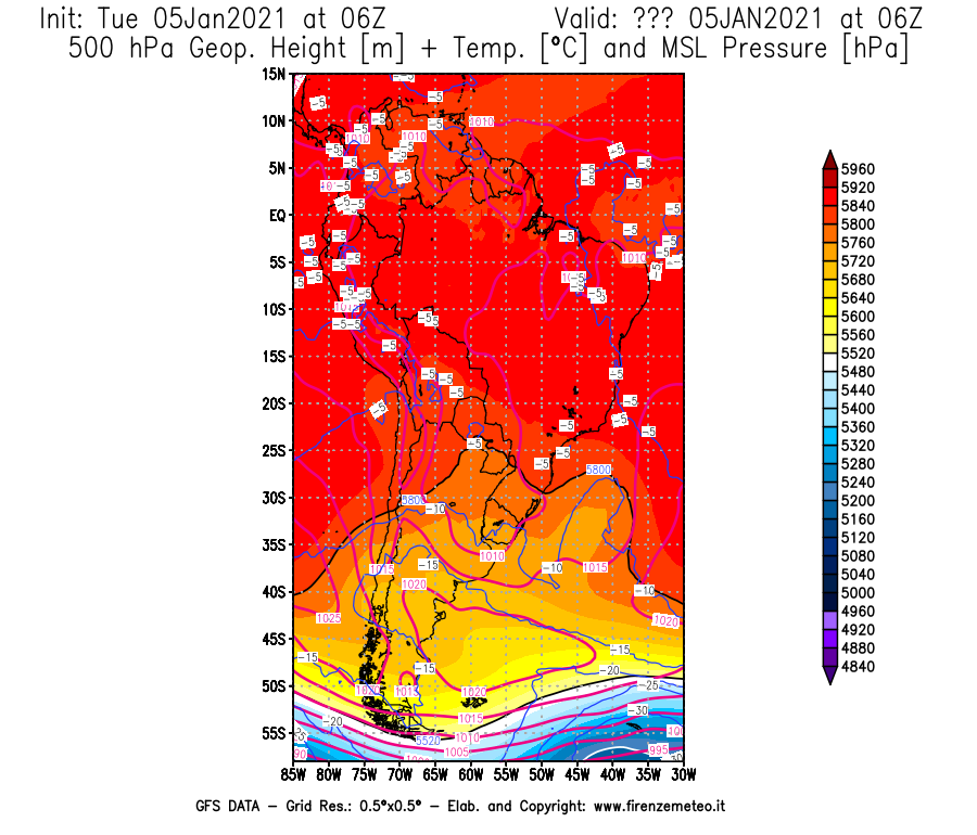 Mappa di analisi GFS - Geopotenziale [m] + Temp. [°C] a 500 hPa + Press. a livello del mare [hPa] in Sud-America
									del 05/01/2021 06 <!--googleoff: index-->UTC<!--googleon: index-->