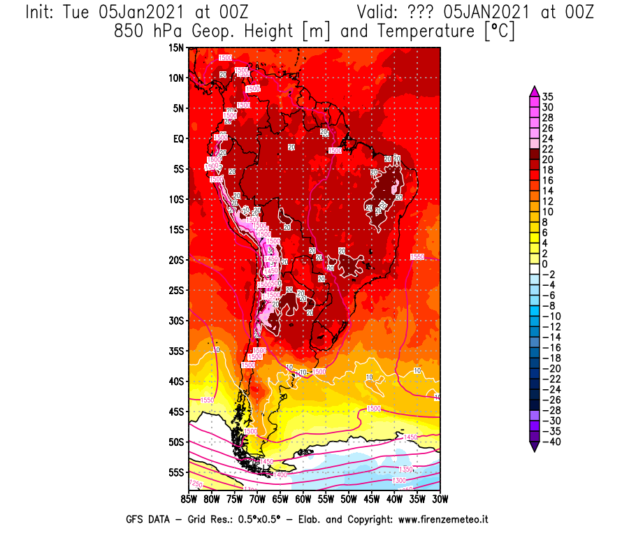 Mappa di analisi GFS - Geopotenziale [m] e Temperatura [°C] a 850 hPa in Sud-America
									del 05/01/2021 00 <!--googleoff: index-->UTC<!--googleon: index-->