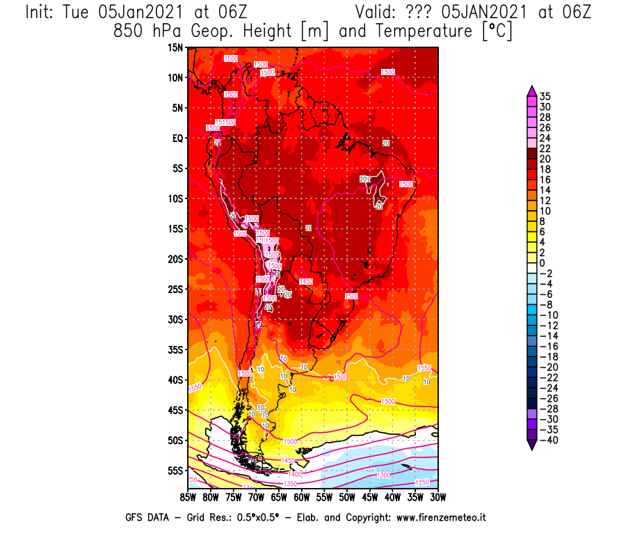 Mappa di analisi GFS - Geopotenziale [m] e Temperatura [°C] a 850 hPa in Sud-America
									del 05/01/2021 06 <!--googleoff: index-->UTC<!--googleon: index-->