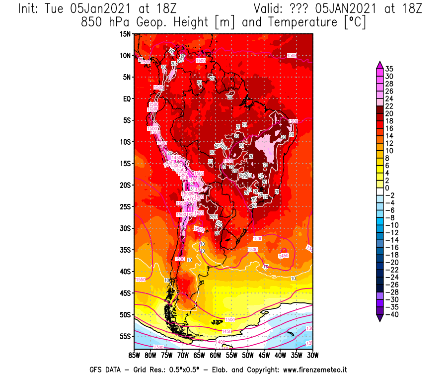Mappa di analisi GFS - Geopotenziale [m] e Temperatura [°C] a 850 hPa in Sud-America
									del 05/01/2021 18 <!--googleoff: index-->UTC<!--googleon: index-->