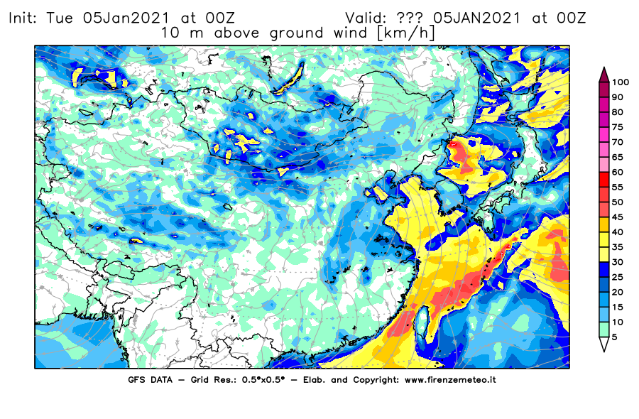 Mappa di analisi GFS - Velocità del vento a 10 metri dal suolo [km/h] in Asia Orientale
									del 05/01/2021 00 <!--googleoff: index-->UTC<!--googleon: index-->