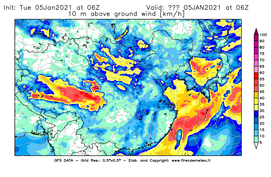 Mappa di analisi GFS - Velocità del vento a 10 metri dal suolo [km/h] in Asia Orientale
									del 05/01/2021 06 <!--googleoff: index-->UTC<!--googleon: index-->