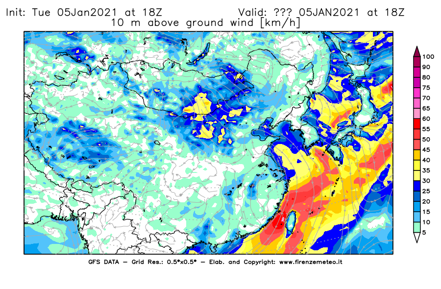 Mappa di analisi GFS - Velocità del vento a 10 metri dal suolo [km/h] in Asia Orientale
									del 05/01/2021 18 <!--googleoff: index-->UTC<!--googleon: index-->