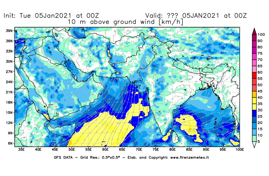 Mappa di analisi GFS - Velocità del vento a 10 metri dal suolo [km/h] in Asia Sud-Occidentale
									del 05/01/2021 00 <!--googleoff: index-->UTC<!--googleon: index-->