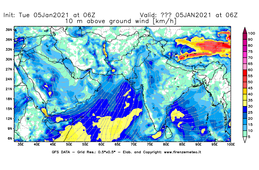Mappa di analisi GFS - Velocità del vento a 10 metri dal suolo [km/h] in Asia Sud-Occidentale
									del 05/01/2021 06 <!--googleoff: index-->UTC<!--googleon: index-->