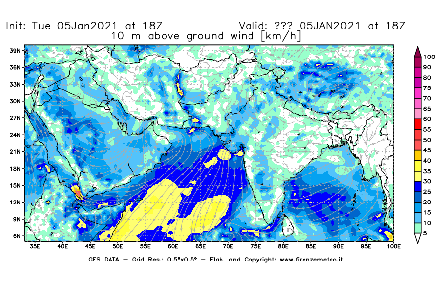 Mappa di analisi GFS - Velocità del vento a 10 metri dal suolo [km/h] in Asia Sud-Occidentale
									del 05/01/2021 18 <!--googleoff: index-->UTC<!--googleon: index-->