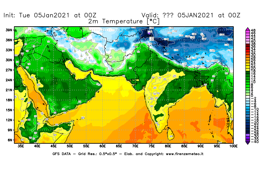 Mappa di analisi GFS - Temperatura a 2 metri dal suolo [°C] in Asia Sud-Occidentale
									del 05/01/2021 00 <!--googleoff: index-->UTC<!--googleon: index-->
