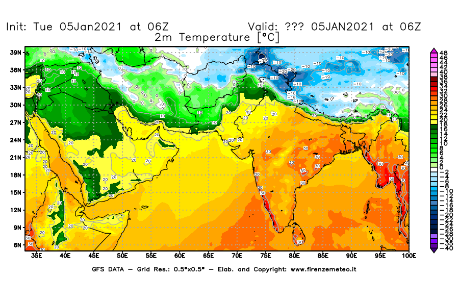 Mappa di analisi GFS - Temperatura a 2 metri dal suolo [°C] in Asia Sud-Occidentale
									del 05/01/2021 06 <!--googleoff: index-->UTC<!--googleon: index-->