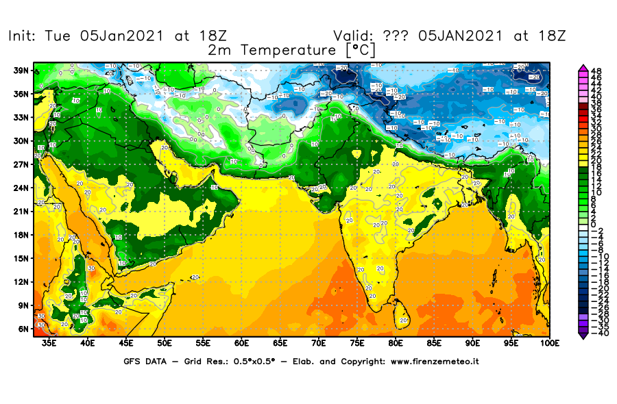 Mappa di analisi GFS - Temperatura a 2 metri dal suolo [°C] in Asia Sud-Occidentale
									del 05/01/2021 18 <!--googleoff: index-->UTC<!--googleon: index-->