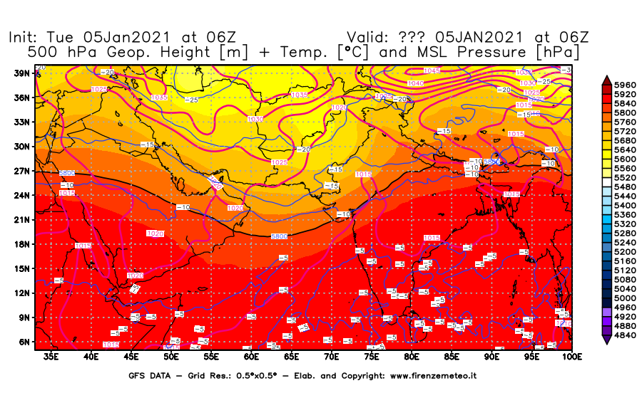 Mappa di analisi GFS - Geopotenziale [m] + Temp. [°C] a 500 hPa + Press. a livello del mare [hPa] in Asia Sud-Occidentale
									del 05/01/2021 06 <!--googleoff: index-->UTC<!--googleon: index-->